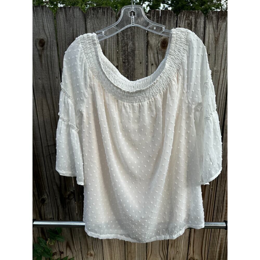 Jodifl White Swiss Dot Peasant Blouse M – Off Shoulder Bell Sleeve